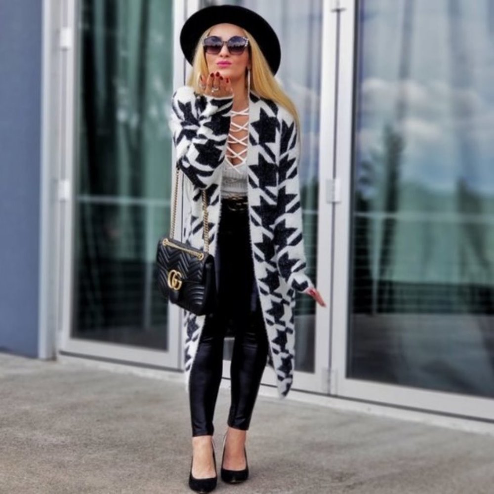 Xena Houndstooth Cardigan Pockets Long Sleeves - Picture 4 of 4